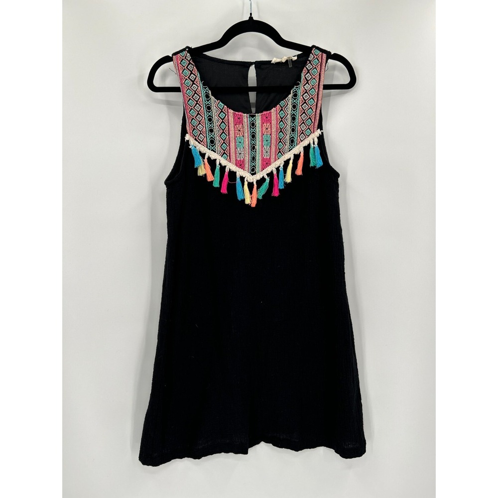 Entro M Black Sleeveless Lined Colorful Tassles Beachy Boho Vacation Knee Length